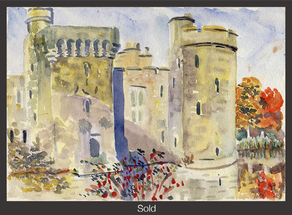 A 14th century castle, Bodiam Castle, against a light blue sky, surrounded by flowers and trees in the fore and backgrounds. The piece is marked as sold with a grey border and white text "Sold" at the bottom center.
