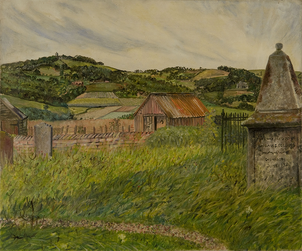 A green hill landscape, with houses, and a gravestone on the right
