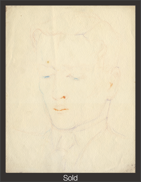 A lightly drawn outline of a partial bust drawing. The man, Lawrence Alloway, is drawn in blue and orange pastels, and looks down towards his right. The piece is marked as sold with a grey border and white text "Sold" at the bottom center.