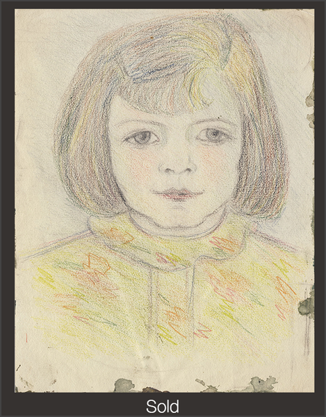 A bust portrait of a young girl with a bob haircut, grey eyes, wearing a yellow top with a high-necked ruffle collar. The girl looks directly at the viewer. The piece is marked as sold with a grey border and white text "Sold" at the bottom center.