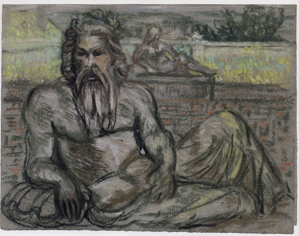 A grey statue of a god laying down with his left knee raised, and face and chest facing the viewer. In the background we see a brick wall, with a similar statue facing the opposite direction.