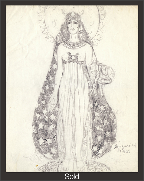 Full figure of a goddess, wears a horned helmet, a transparent open-dress front, and an ornate collar turning into a star-patterned cape. She is barefoot, and a sun is directly behind her hair. The piece is marked as sold with a grey border and white text "Sold" at the bottom center.