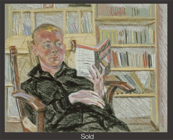 A man with blonde hair and blue eyes, wearing a black outfit, slouches in a wooden chair, reads a book held by his left hand. In the background are two cream yellow bookshelves. The piece is marked as sold with a grey border and white text "Sold" at the bottom center.