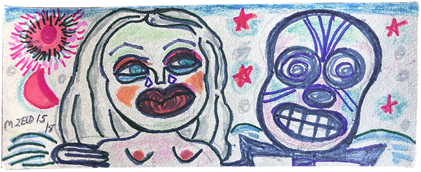 Faces of a woman (left) and skeleton (right) against a sky of day and night.