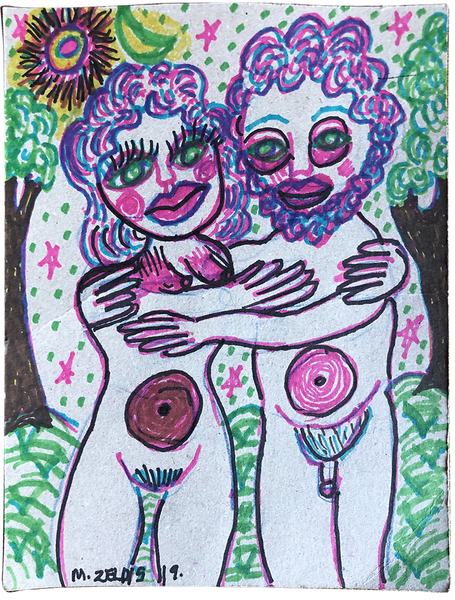 A nude woman (left) and man (right) with pink and blue curly hair in a forest.