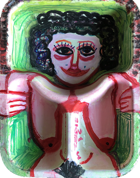 A naked woman against a green background. The drawing is painted on a tray.