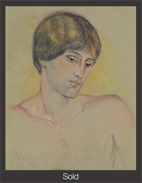 A bust portrait of a nude model with brown hair and eyes. The model Mitchell, looks down to his left. The piece is marked as sold with a grey border and white text "Sold" at the bottom center.