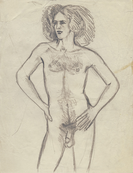 A nude model stands with his hip hocked to the right, and arms at hips. He looks towards the viewer's left.