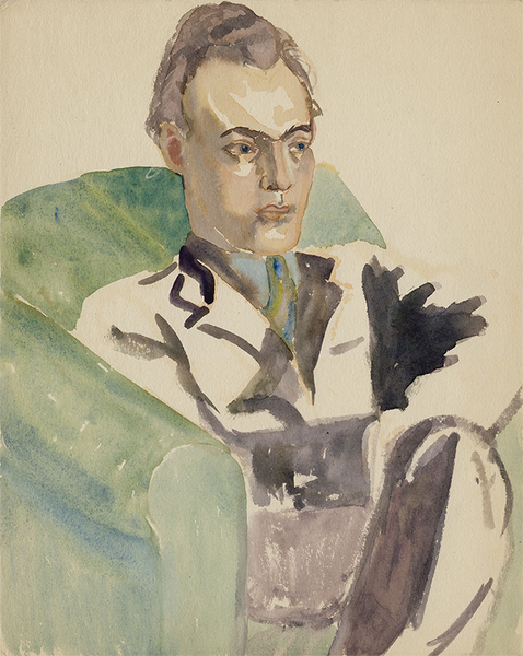 A man in a white suit sits on a green chaise lounge.