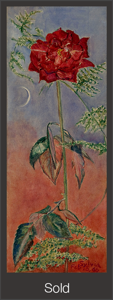 A single red rose against a blue and pink gradient background. A small crescent moon in the blue colored area.