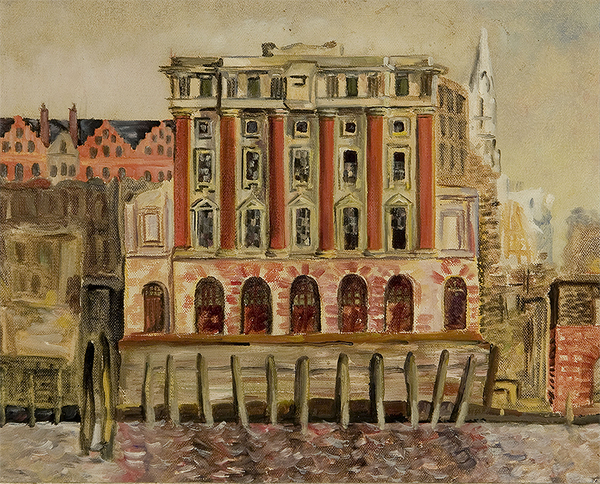 The Lion Brewery along the Thames River, in red, white, and beige hues