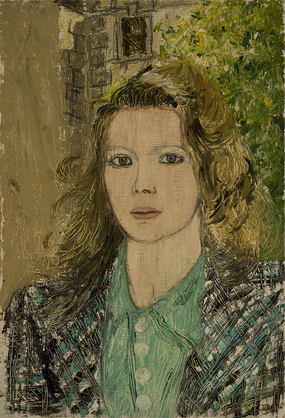 Sylvia Sleigh poses in a green button-down top and plaid jacket in front of a grey brick building and trees
