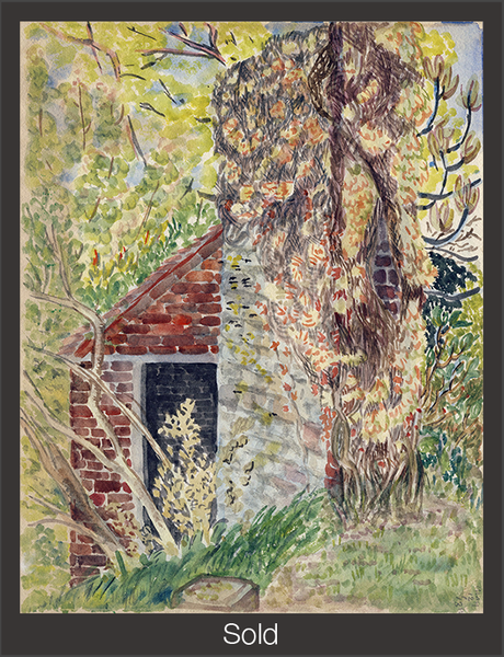 A red brick shed partially obscured by a grey brick wall covered in vines and flowers. Both structures are on a hill surrounded by trees. The piece is marked as sold with a grey border and white text "Sold" at the bottom center.