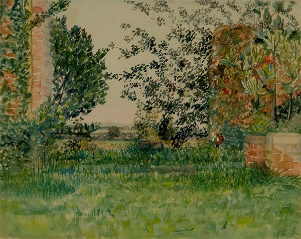 A mostly obscured view of a brick wall, covered in trees.