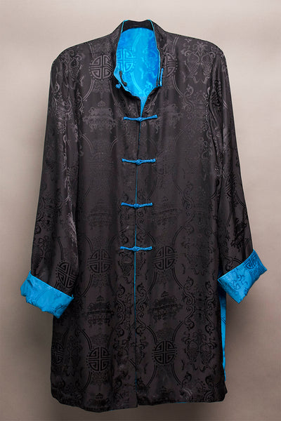Carole Fraser Three-Quarter Length Reversible Silk Jacket in Black and Blue