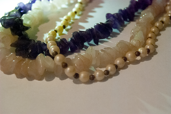 Amethyst, rose quartz, and pearl beaded multi-chain necklace