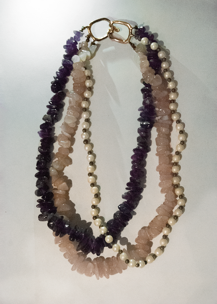 Amethyst, rose quartz, and pearl beaded multi-chain necklace