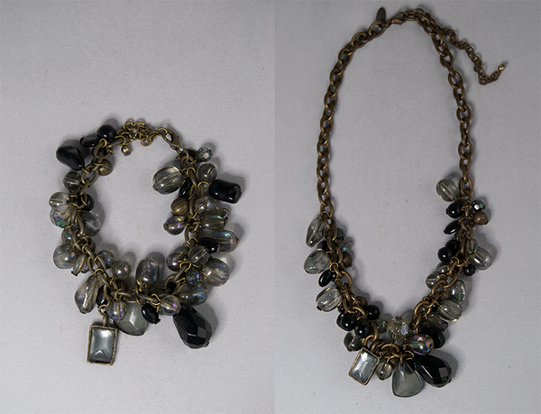 Black and iridescent grey bead bracelet and necklace set