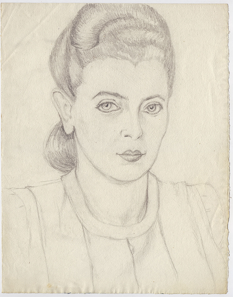 A lightly drawn bust portrait of a woman with her hair in a low bun. The woman's posture leans towards the right, but her eyes look directly at the viewer, and a slightly smirk in her smile.