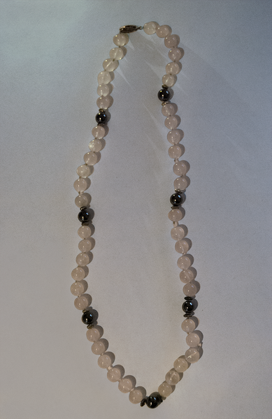 Clear pink and dark charcoal grey round beaded necklace