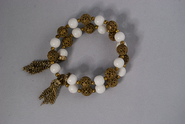 Vintage gold and white bead tassel bracelet