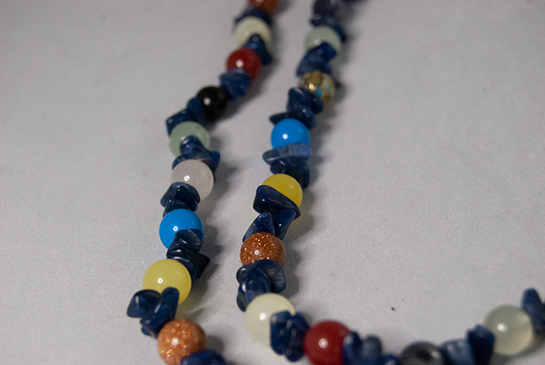 Long glass bead and semi-precious stone necklace