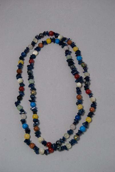 Long glass bead and semi-precious stone necklace