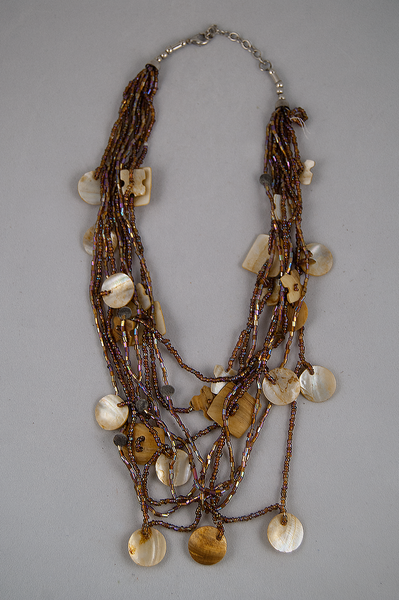 Mother of pearl and wood beaded multi-strand necklace