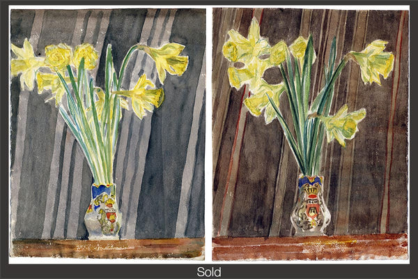 Two mostly identical paintings of a bouquet of yellow daffodils in a small patterned vase, on a wood surface. The two images are of slightly different colors, with the left in cool tones with a grey background, and the right in warm tones with a brown background. The piece is marked as sold with a grey border and white text "Sold" at the bottom center.