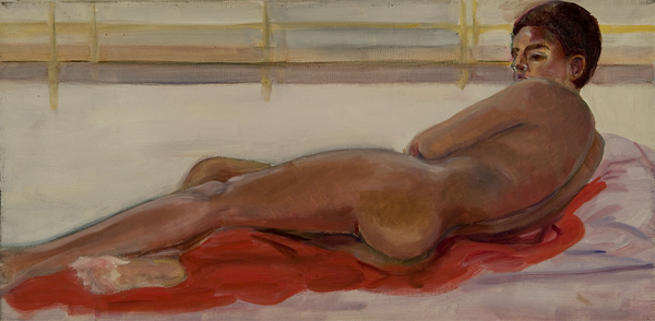 A nude model lays on their side, on soft red and white surfaces.