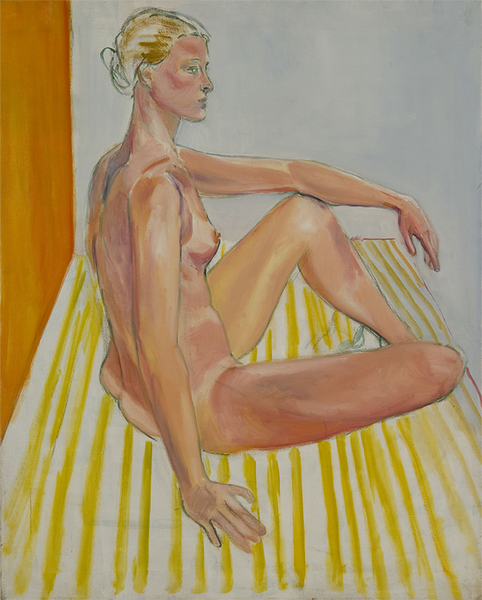 A nude model with blonde hair tied in a bubble, sits cross legged on a yellow and white striped surface. The model is seen in a 3/4 side pose to the viewer.