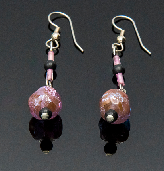 MICIA Creations Pink and Black Bead Drop Earrings #110