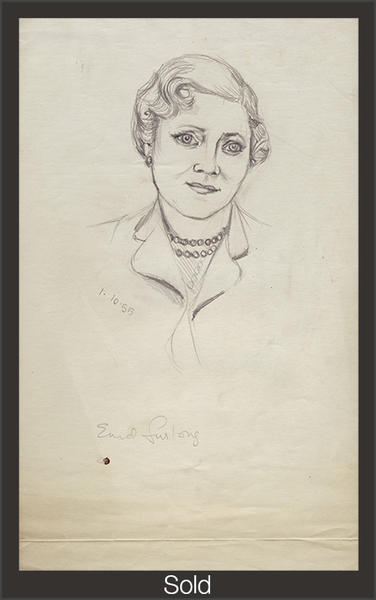 A partial bust portrait of a woman, Enid, with curled hair, jacket, pearl earrings and double-stranded necklace. Enid's head leans towards the right, with a soft smile and kind eyes. She is drawn towards the top center, with a large amount of blank space below. The piece is marked as sold with a grey border and white text "Sold" at the bottom center.