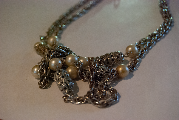 Extra long silver chain necklace with pearl beads