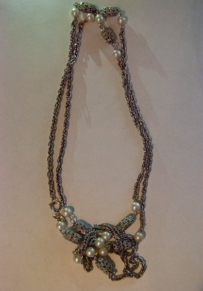 Extra long silver chain necklace with pearl beads