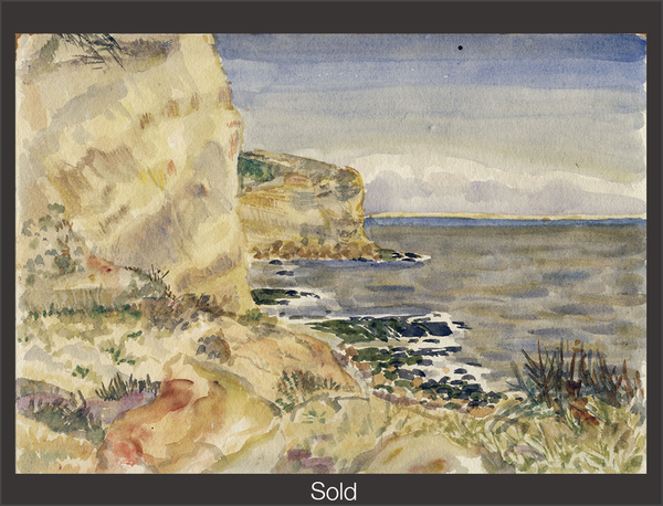 Sandstone cliffs at Fairlight Cove Beach. The water and sky on the right hand side of the painting are painted in muted blues and browns. The piece is marked as sold with a grey border and white text "Sold" at the bottom center.