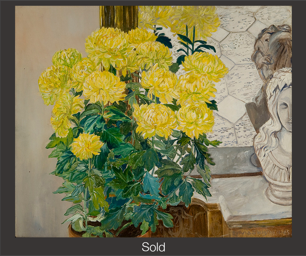 A bouquet of yellow chrysanthemums and a partially seen bust on a marble surface. The flowers and bust are reflected in the mirror behind them. The piece is marked as sold with a grey border and white text "Sold" at the bottom center.