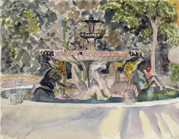 A fountain of horses sits in the center, in front of some trees.