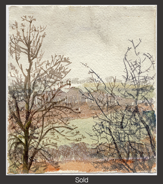A landscape view in dusky neutral colors, with two leafless trees in the foreground. The piece is marked as sold with a grey border and white text "Sold" at the bottom center.