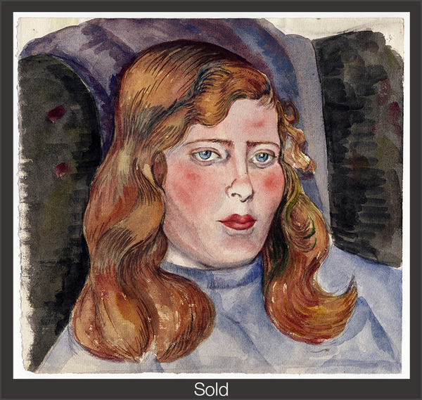 A partial bust portrait of a woman with shoulder-length red hair, blue eyes, wearing a blue sweater. She sits on a cushioned black and blue chair. The piece is marked as sold with a grey border and white text "Sold" at the bottom center.