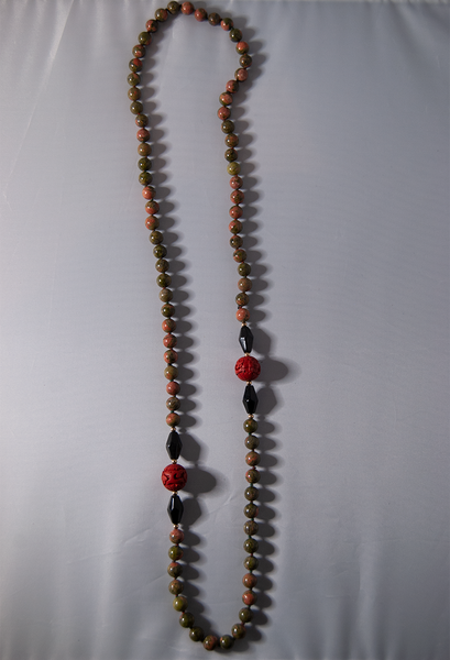 Jade and red wooden carved beaded necklace