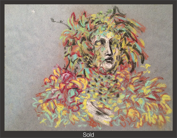 A mostly obscured figure shrouded in red, white, yellow, and green leaves. Only the face with blank eyes of pale cream figure is visible. The piece is marked as sold with a grey border and white text "Sold" at the bottom center.