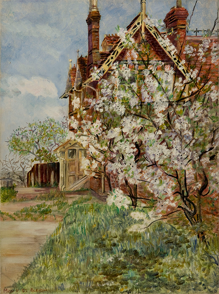 The Rectory Lodge, a brick building, partially obscured by a cherry tree. The building is on the right hand side, with an empty pathway on the left.