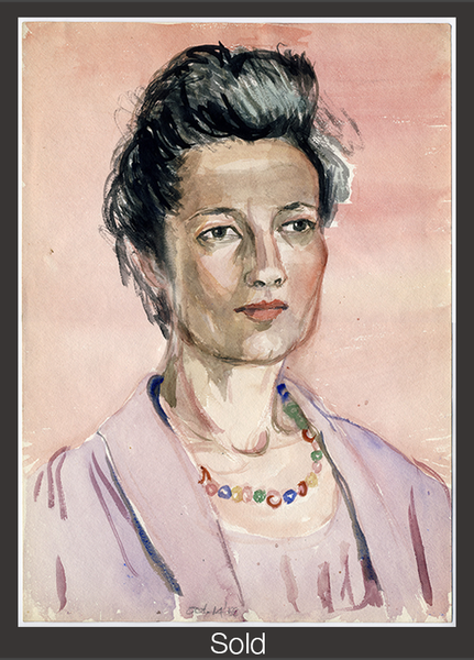 Bust portrait of a woman with black and grey-covered hair, against a pink wash background. The woman looks slightly to her left, wearing a purple jacket, top, and beaded necklace. The piece is marked as sold with a grey border and white text "Sold" at the bottom center.