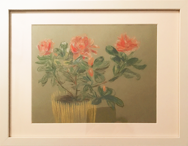 A framed drawing of a bouquet of three pink roses in a yellow vase.