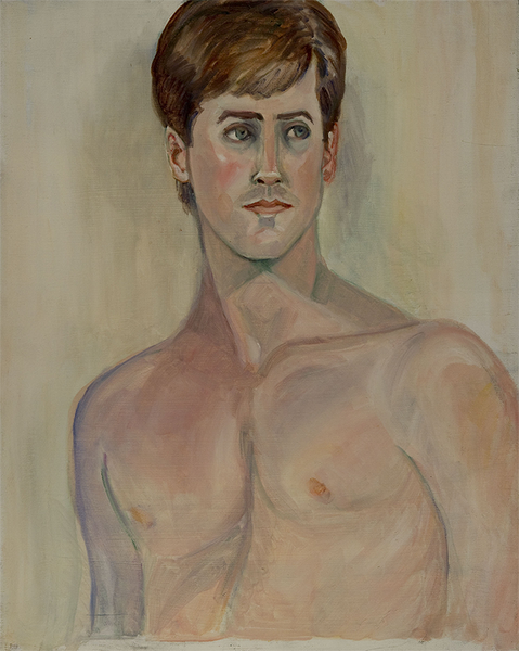A nude bust portrait of Robert Wamsganz, a man with brown hair and dusky colored eyes. The man looks to his left, while his torso faces slightly to his right.
