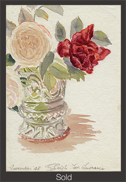 A bouquet of light pink and red roses in a glass vase. The piece is marked as sold with a grey border and white text "Sold" at the bottom center.