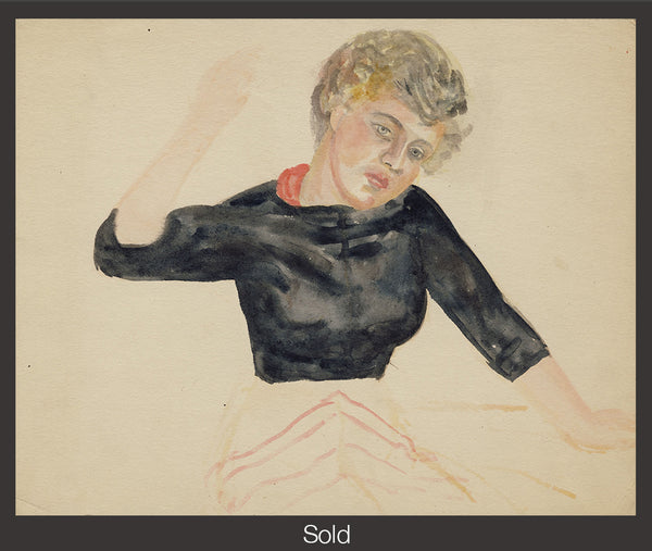 Portrait of a seated woman with grey hair from head to knees. The woman wears a black 3/4 sleeve length top, with her right arm in a wave position, and her left lays on a surface. The skirt is unfinished in red and beige outlines. The piece is marked as sold with a grey border and white text "Sold" at the bottom center.
