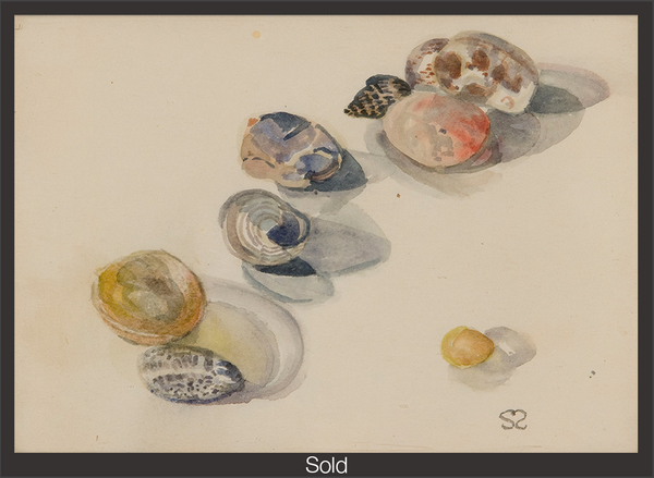 A set of stones and shells sit diagonally from top right to bottom left corners. The stones and shells range from medium to large, and solid to patterned, in whites, greys, yellows, and pink tones. One small yellow stone sits at the bottom right, away from the set. The piece is marked as sold with a grey border and white text "Sold" at the bottom center.