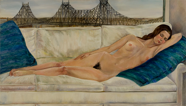 Young woman, Johanna Lawrenson, lays nude on a cream-colored sofa with two blue and green striped pillows on either side. Behind the sofa is a window with a view of the 59th Street Bridge in Manhattan.